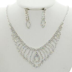 Silver Tone Clear AB Rhinestone Statement Necklace & Earring Set